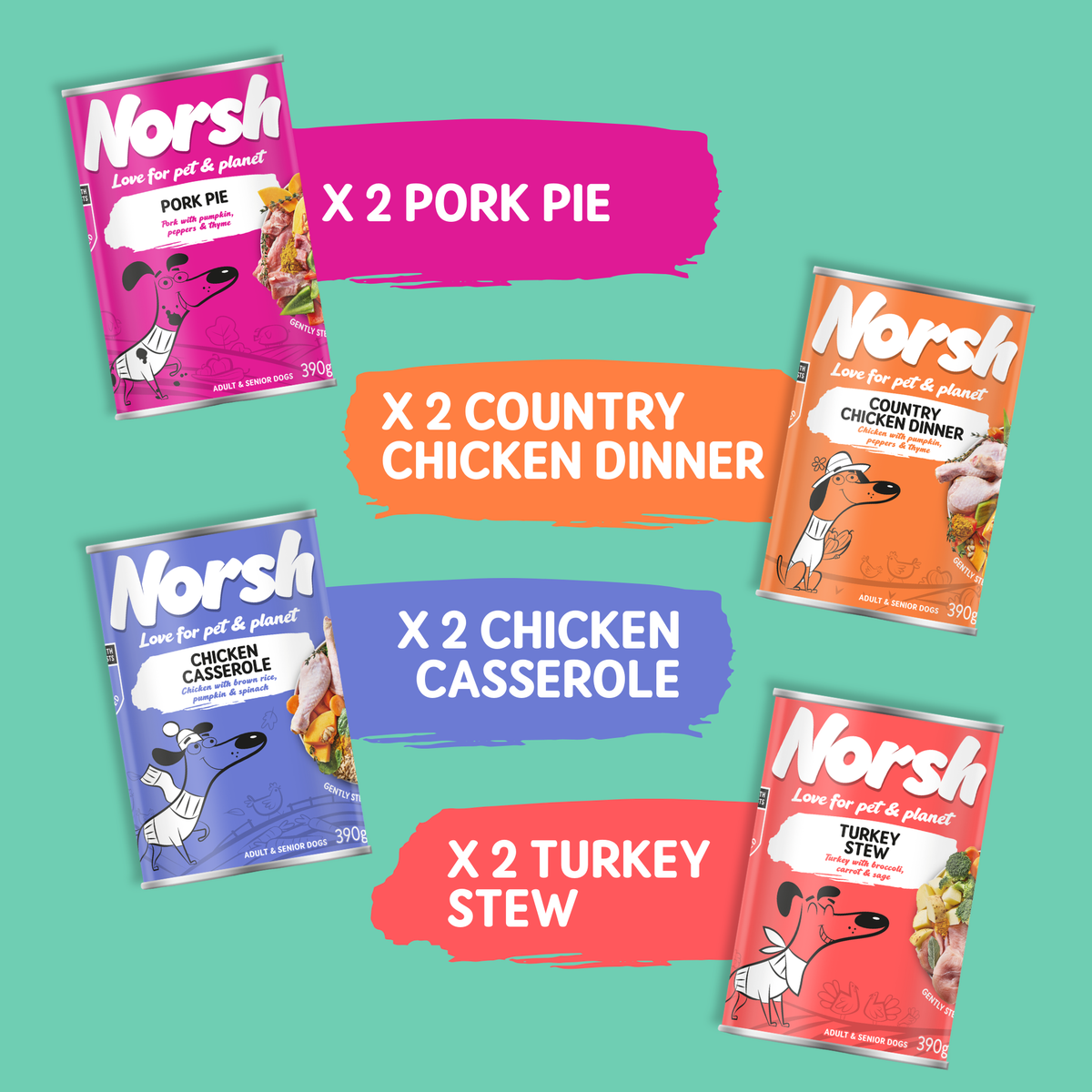 Norsh Trial Pack | Wet Dog Food | 8 x 390g Cans | 4 Grain Free & 4