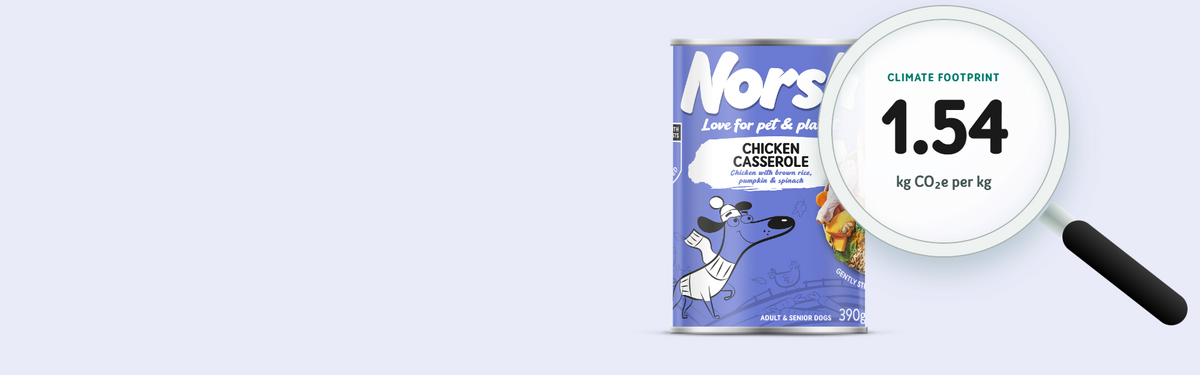 Norsh Chicken Casserole wet dog food tin under a magnifying glass showing its climate footprint of 1.54 kg CO₂e per kg, independently measured by CarbonCloud