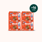 Four boxes of Norsh dog food pouches arranged in a 2x2 grid on a light beige background, with a dark green circular badge in the top right reading “x16 cans.”.