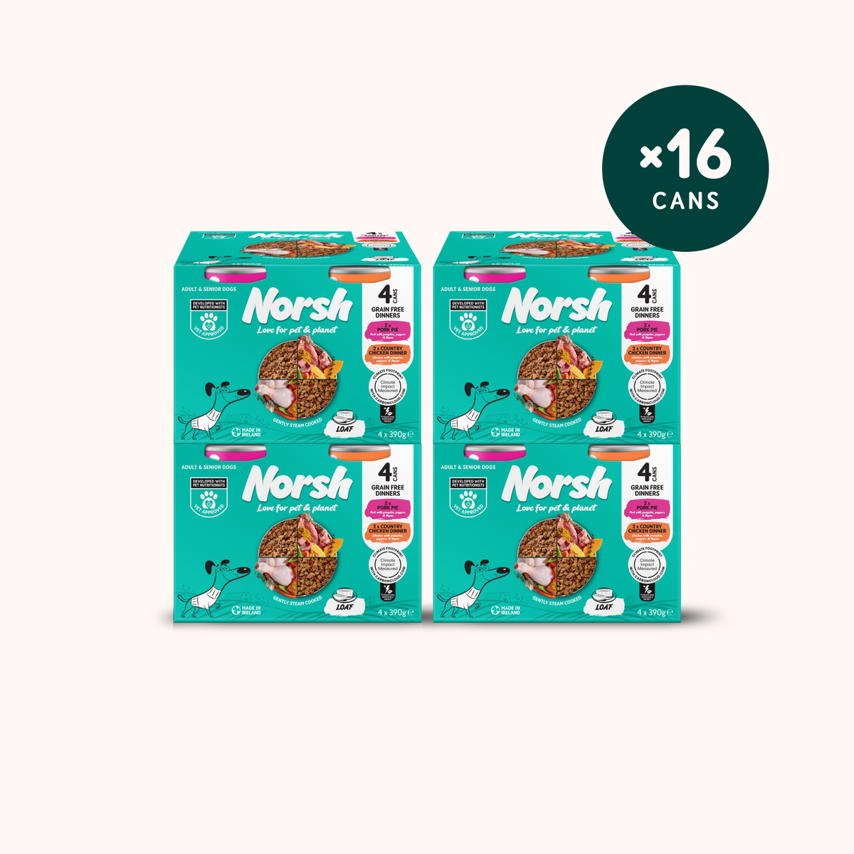 Four teal Norsh puppy food boxes stacked in a 2x2 arrangement on a light beige background, with a dark green circular badge in the top right reading “x16 cans.”.