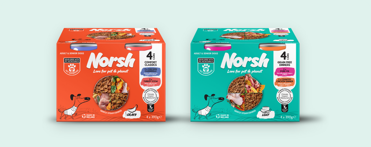 Norsh Trial Pack: Comfort Classics 4-pack with Chicken Casserole and Turkey Stew, and Grain Free Dinners 4-pack with Pork Pie and Country Chicken Dinner. Wet dog food, 4 × 390g cans per pack